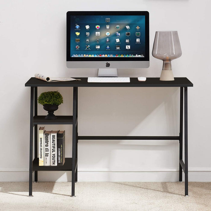 43" Home Office Computer Desk Trestle Desk with 2 Shelves Writing Study Workstation Style Wood Table Metal Frame for Home Office Reversible Storage Desk, Black