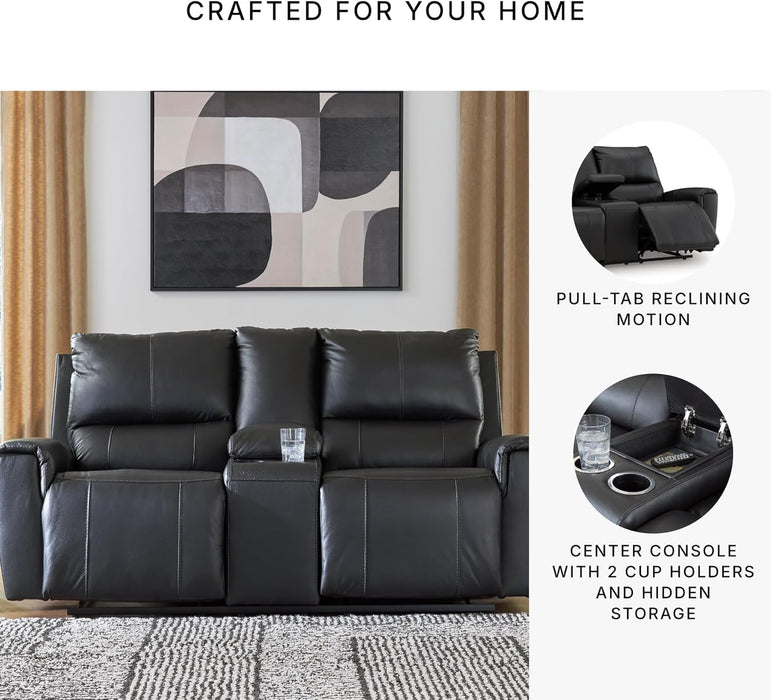 Glassmere Contemporary Leather Match Reclining Loveseat with Console, 2 Cup Holders and Storage, Black