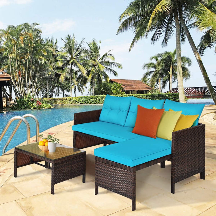 Patio Corner Sofa Set 3 Piece, Outdoor Rattan Sofa Set, Includes Lounge Chaise, Loveseat & Coffee Table, Patio Garden Poolside Lawn Backyard Furniture