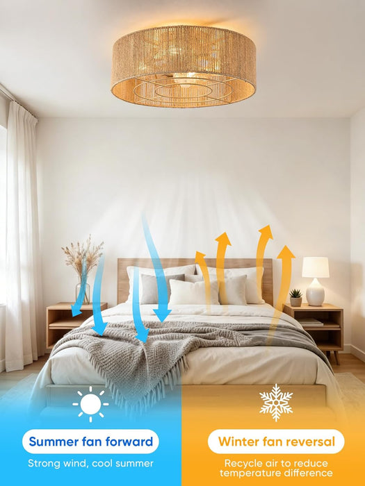 Boho Rattan Caged Fandelier Ceiling Fans with Lights and Remote Control