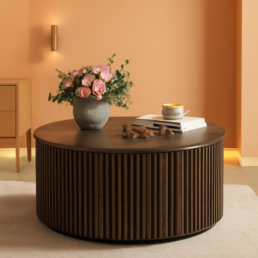 round Coffee Table, Fluted Woodern Center Table with Storage, Mid-Century Modern Cocktail Tables for Small Space, Living Room, Bedroom (31.5 Inch, Dark Walnut)