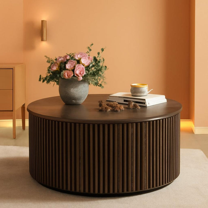 round Coffee Table, Fluted Woodern Center Table with Storage, Mid-Century Modern Cocktail Tables for Small Space, Living Room, Bedroom (31.5 Inch, Dark Walnut)