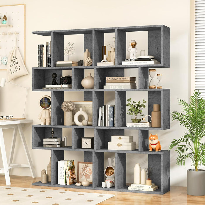 5-Tier Geometric Bookshelf Set of 2, 70'' Tall Wood Freestanding Decorative Display Open Shelves with Anti-Tipping Device, Each Shelf Holds up to 44 Lbs, Wooden S Shaped Bookcase, Gray