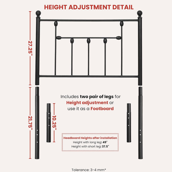 Victorian Twin Size Metal Bed Frame Height Adjustable Headboard Only, Wrought Iron Black Farmhouse Bed Frame Headboard, Easy Assembly, Short Clearance, Tall or Low Setting