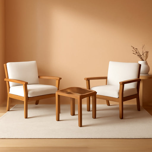 3-Piece Acacia Wood Patio Bistro Set Patio Furniture Outdoor Chat Conversation Table Chair Set Outdoor Wood Chat Set with Water Resistant Cushions and Coffee Table Chairs for Beach Backyard Garden