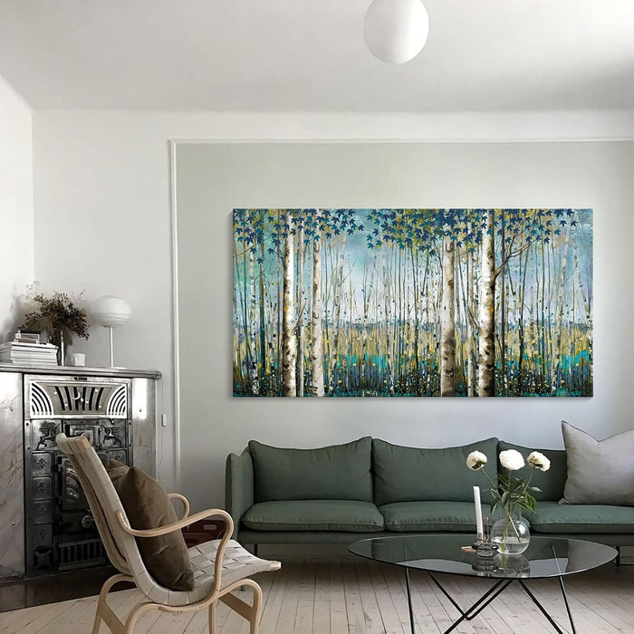Large Framed Birch Tree Canvas Wall Art Nature Painting for Home Decor | Teal Artwork for Living Room, Bedroom, and Office Pictures for Living Room 24×48IN