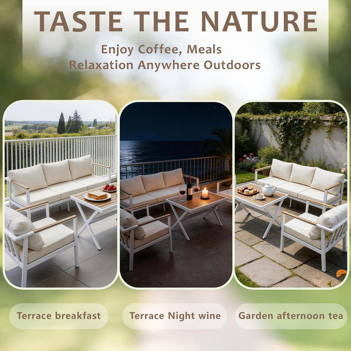 Aluminum Patio Sectional Furniture Set,4 Piece Patio Conversation Sets Outdoor Patio Furniture Set Sofa with Coffee Table & Washable Cushions White