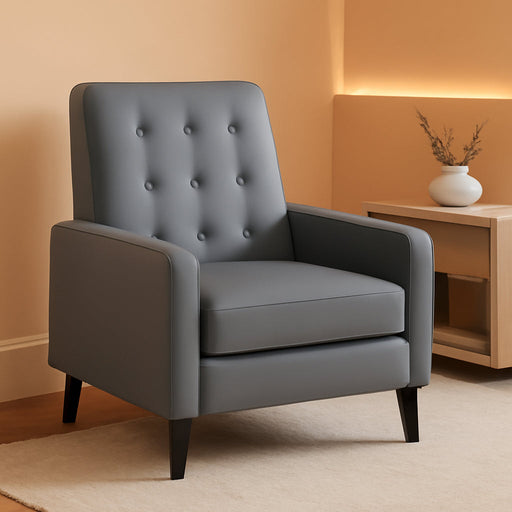 Ezra Pushback Recliner - Mid-Century Modern Light Gray Leathersoft Upholstery - Button Tufted Back - Residential & Commercial Use