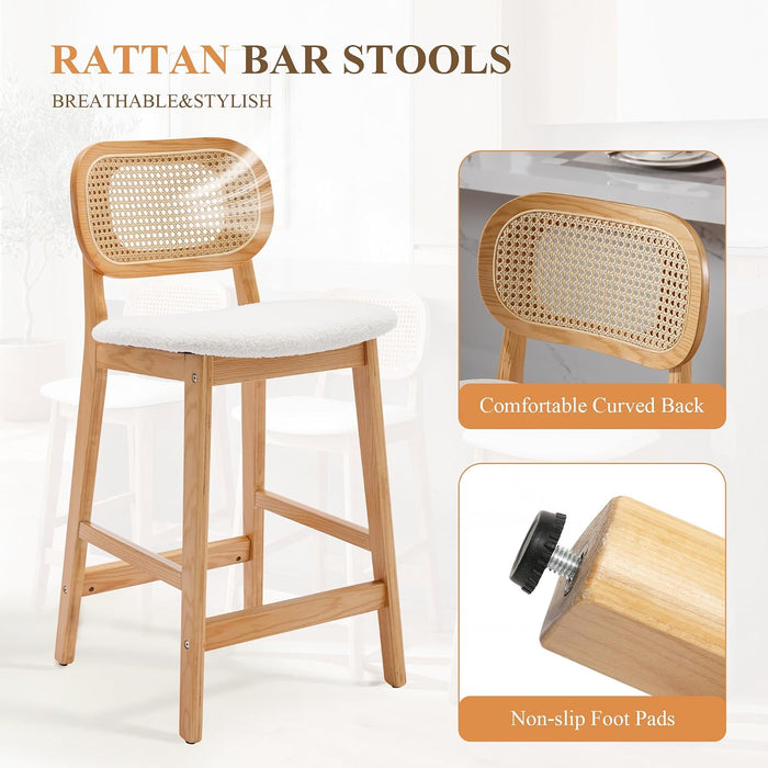 Rattan Bar Stools Set of 3, Upholstered Farmhouse Barstools with Woven Back, Boho Wood Kitchen Island Chairs, Comfy Counter Height Bar Chairs for Pub/Home Bar, Cream Faux Fur