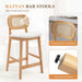 Rattan Bar Stools Set of 3, Upholstered Farmhouse Barstools with Woven Back, Boho Wood Kitchen Island Chairs, Comfy Counter Height Bar Chairs for Pub/Home Bar, Cream Faux Fur