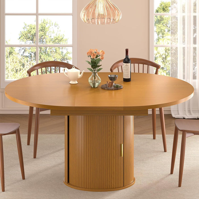 47"-63" Extendable round Dining Table for 4–8 with Storage, Mid Century Modern Farmhouse Wood Oval Dinner Table with Pedestal Base for Kitchen, Living Room (Yellow Walnut)