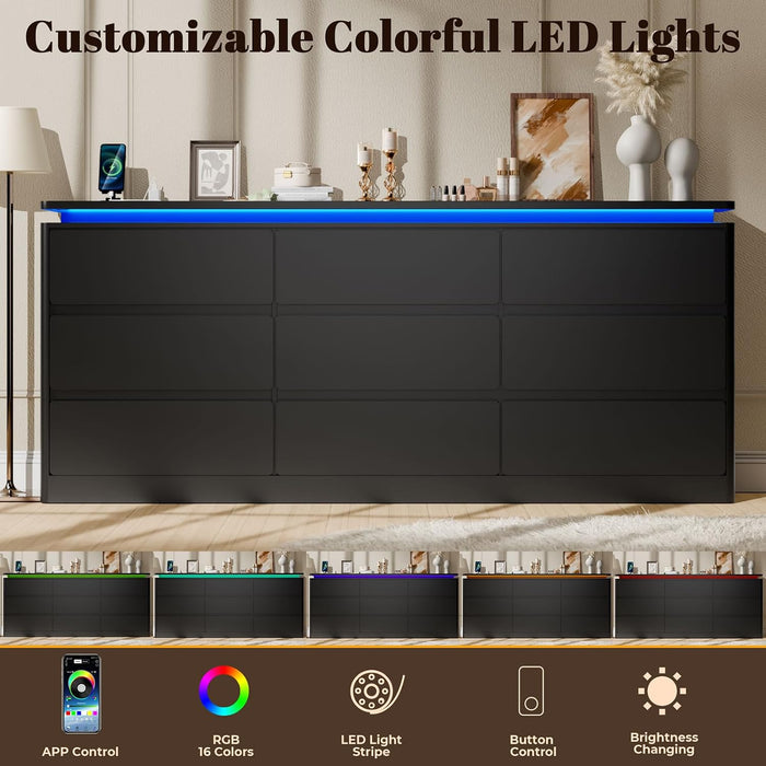 9 Drawer Dresser for Bedroom, 63" Long Black Chest of Drawers W/Led Lights
