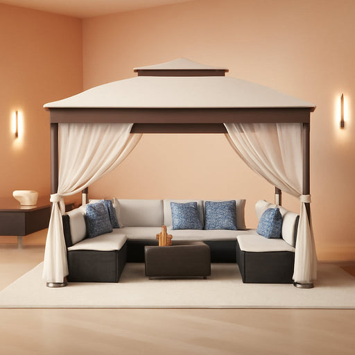 Canopy Tent 12X12 Ft, Pop up Gazebo One-Push Setup with 4 Sandbags for Backyard Parties and Bbqs, Mosquito Netting & Height Adjustable - Khaki & Coffee