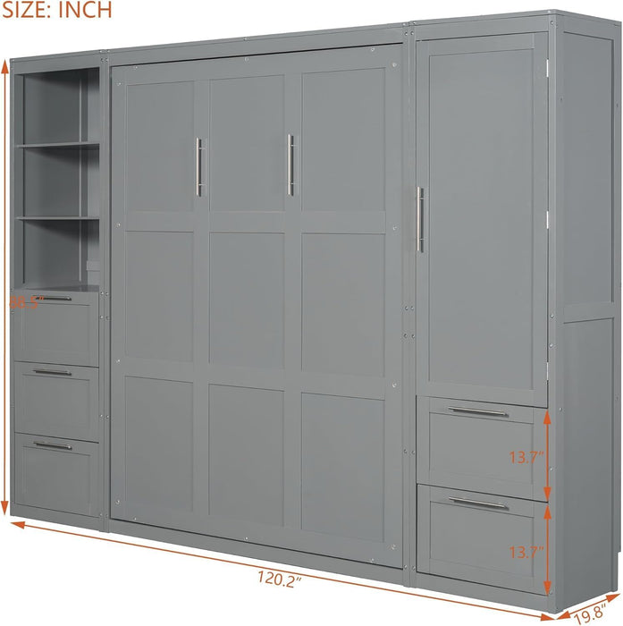 Queen Size Murphy Bed with 1 Closet,3 Drawers and 3 Open Shelves,Wood Folding Murphy Wall Bed (Grey)