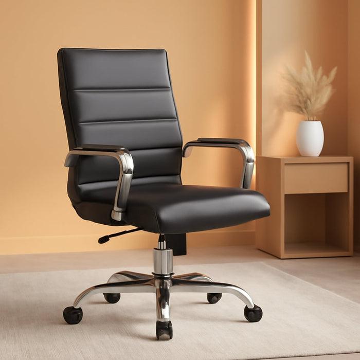 Whitney High-Back Swivel Leathersoft Desk Chair with Padded Seat and Armrests, Adjustable Height Padded Office Chair, Black/Chrome