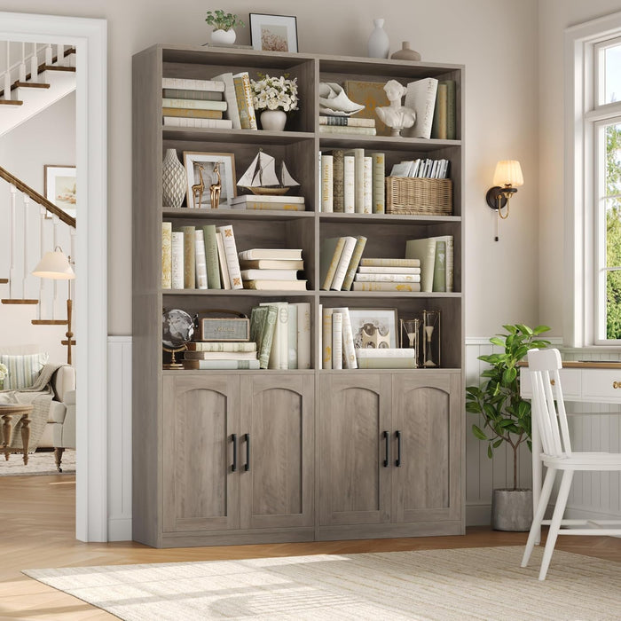 Bookshelf and Bookcase with Doors, 6 Tier Double Wide Large Bookshelves, Open Display Shelves, 73'' Tall Bookshelf with Storage Cabinets for Home Office, Living Room, Library, Wash Gray