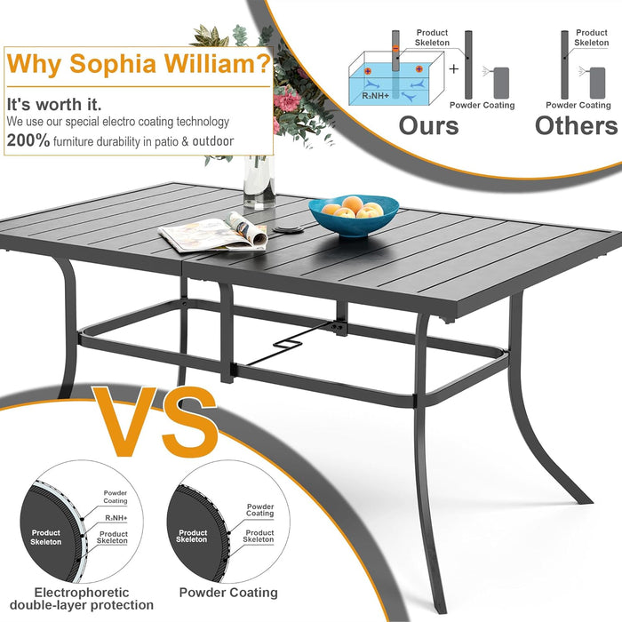 Patio Outdoor Table and Chairs Set with Umbrella Navy, Patio Dining Sets for 6, 7 Pieces Patio Table Set Clearance for Backyard Deck Porch Outside, Metal Table with Hole & Cushioned Rattan Chairs