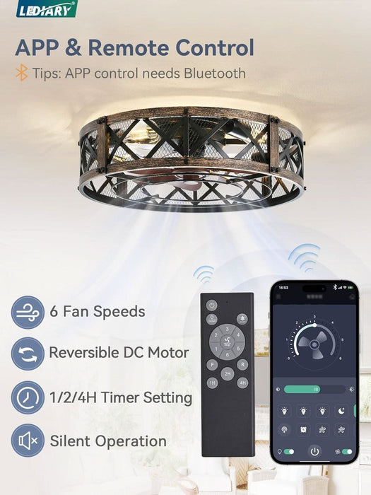 20" Caged Ceiling Fan with Light, App&Remote Control, Small Flush Mount Farmhouse Fan Lights, Low Profile Rustic Bladeless Ceiling Fan Fixtures for Bedroom, Kitchen-Black Gold Color