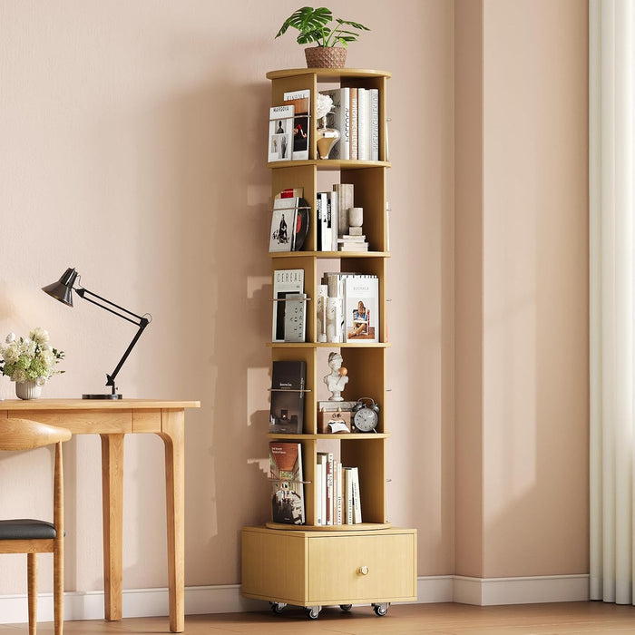5-Tier Wood Rotating Bookshelf with Drawer & Lockable Wheels, Natural