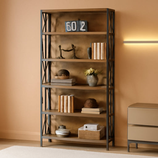 Industrial Six Tier Tall Bookshelf BrownAndBlackFinish