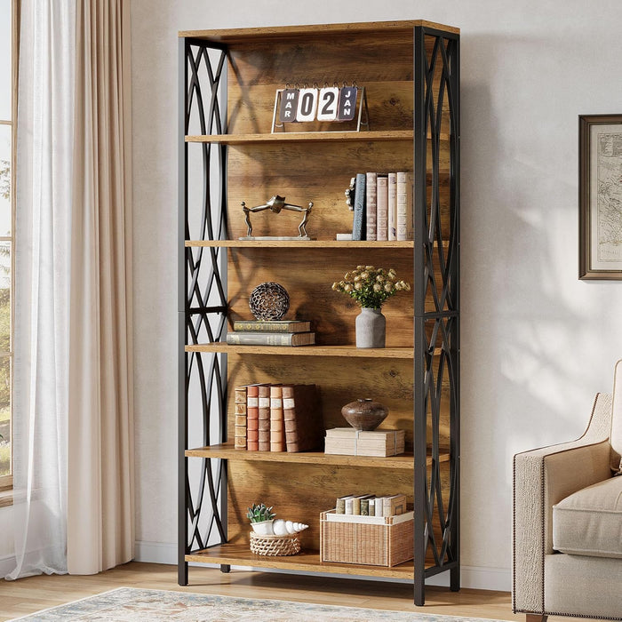 Industrial Six Tier Tall Bookshelf BrownAndBlackFinish