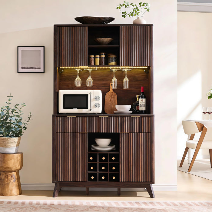 72 Inch WalnutFinish Wine Cabinet Illuminating Display