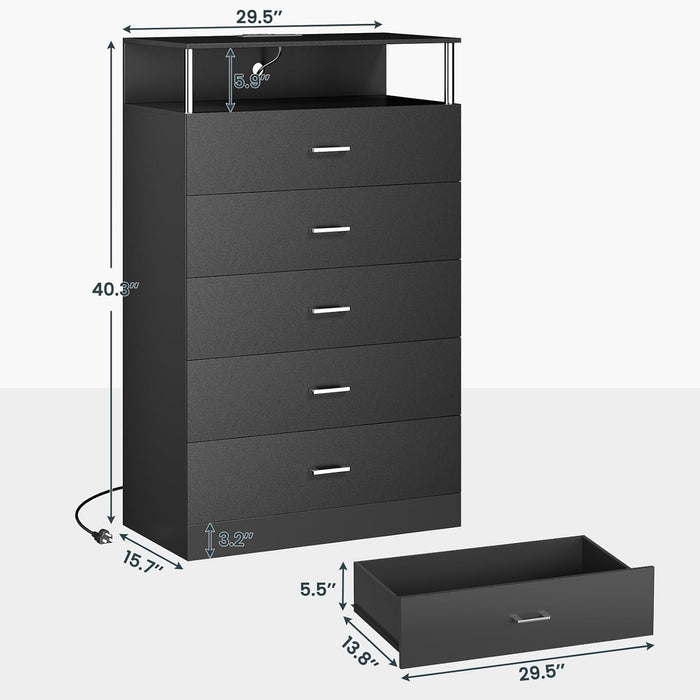 Black Dresser for Bedroom with Column Design & Charging Station, Led 5 Drawers Tall Dresser for Bedroom,Black