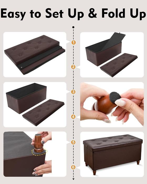 30 Inches Storage Ottoman Bench with Wooden Legs, Faux Leather Folding Ottoman Foot Rest, Storage Bench for Living Room, Hallway & Bedroom, Upgrade Large Capacity (Engineered Wood, Brown)