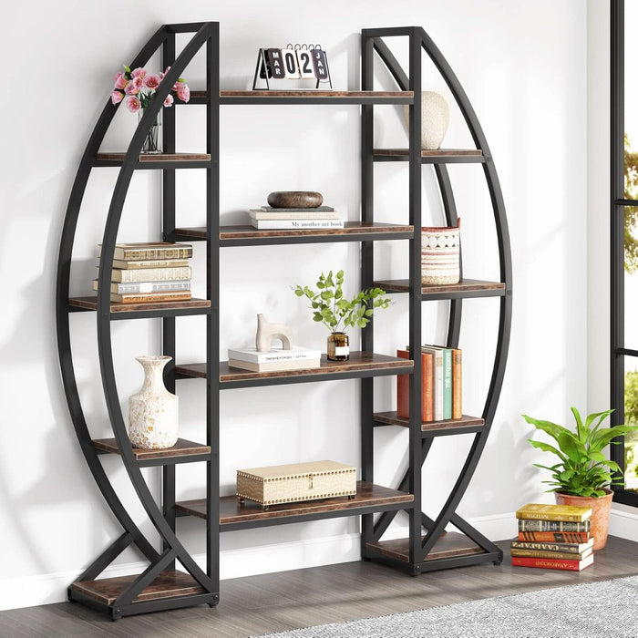 Oval Bookshelf, Triple Wide 5 Tier Etagere Bookcase, Industrial Display Shelves for Living Room (Brown, 55")