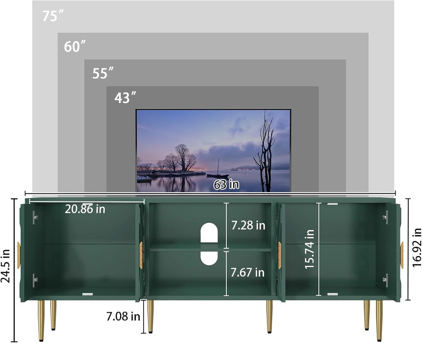 63'' Modern TV Stand for 65/70/75 Inch TV, Entertainment Center with Storage Cabinet, Mid Century Green TV Stand,Embossed Pattern TV Console, TV Media Console for Living Room, Bedroom