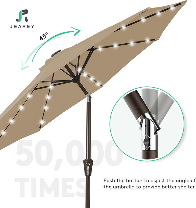 9FT Outdoor Patio Umbrella with Solar Lights, LED Lighted Pool Umbrella with Tilt and Crank, Outdoor Table Umbrellas for Deck, Yard & Market (Beige)