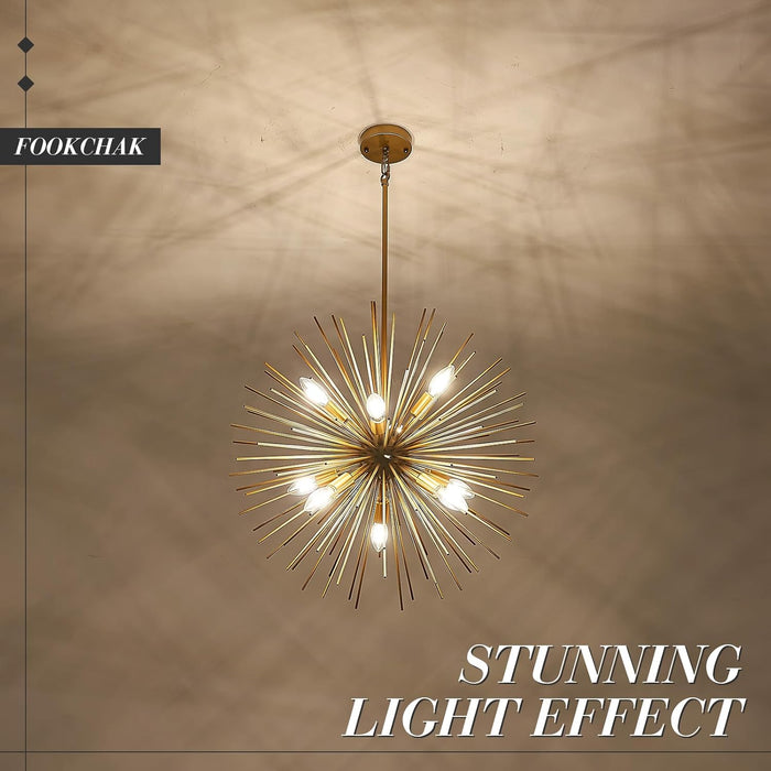 24In Gold Sputnik Chandelier 9-Light Starburst Chandelier Light Fixture Solid Metal Mid-Century Modern Satellite Light Fixture for Dining Room Bedroom Bathroom Entryway Kitchen Island