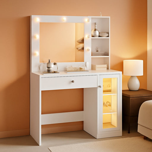 Small Vanity Desk with Mirror and Lights, Makeup Vanity Desk with Adjustable Brightness 3 Light Modes, RGB Storage Cabinet, Power Outlet, Drawer, Shelves, Vanity Table for Women Girls Bedroom
