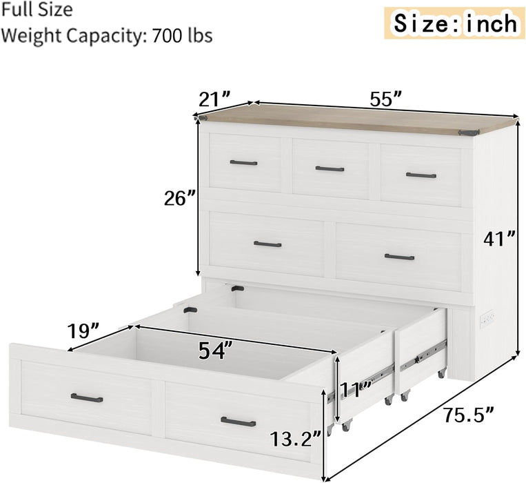 Murphy Bed Full Size,Hideaway Wall Cabinet Bed with Charging Station and 1 Large Storage Drawer,Multi-Functional Foldable Platform Beds Frame,Can Be Folded,For Apartment,Bedroom,White