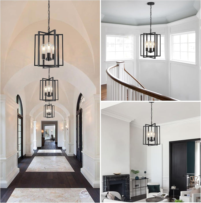 Black Farmhouse Modern Chandelier Light Fixture for Dining Room, 3 Light Rustic Kitchen Island Metal Pendant Hanging, Adjustable Geometric Foyer Light Fixtures for Entryway Hallway Living Room