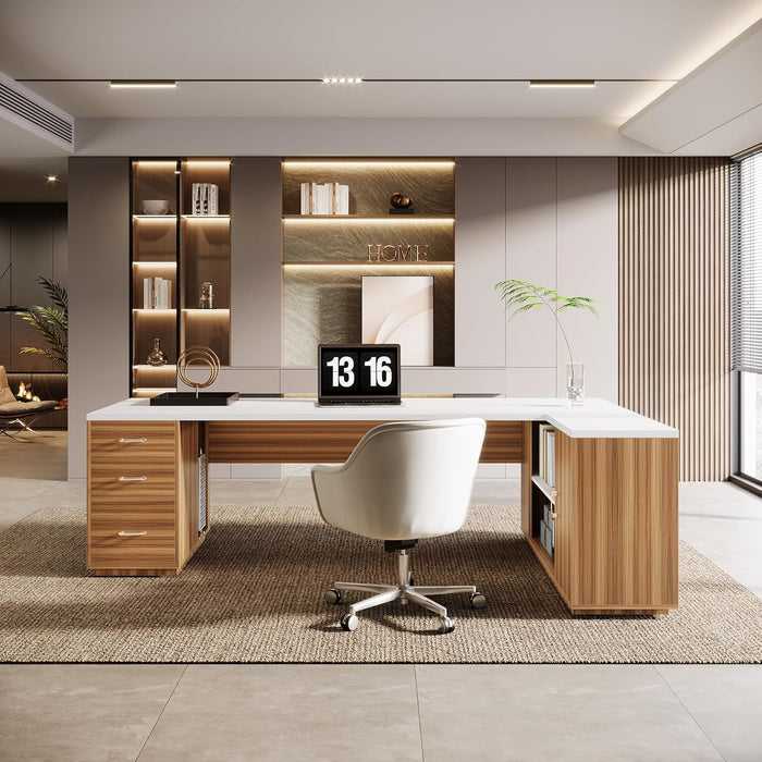 85Point8Inch L-Shaped Executive Desk White Walnut StorageCabinet
