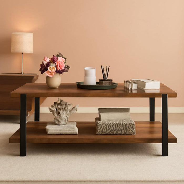 Modern Coffee Table, Rustic Wood Center Table with Storage for Living Room, Industrial Rectangle 2 Tier Low Cocktail Tea Table, Rustic Brown