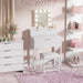 White Makeup Vanity Desk with Hollywood Mirror and Lights, Girls Vanity Set with Stool, Compact Make up Table with Drawers and Outlet for Bedroom Small Space