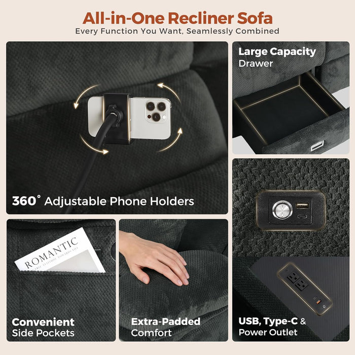 3 Seater Recliner Sofa, Manual Reclining Couch with Flip Middle Backrest, Phone Holder, Side Pocket, Drawer, Power Outlet, Reclining Sleeper for Living Room, Home Theater & RV (Textile - Gray)