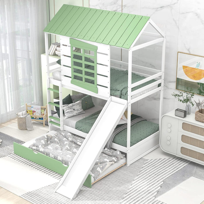 House Bunk Bed with Convertible Slide and Trundle, Solid Wood Bunk Bed Twin over Twin, for Kids Girls Boys (White+Green)