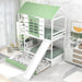 House Bunk Bed with Convertible Slide and Trundle, Solid Wood Bunk Bed Twin over Twin, for Kids Girls Boys (White+Green)