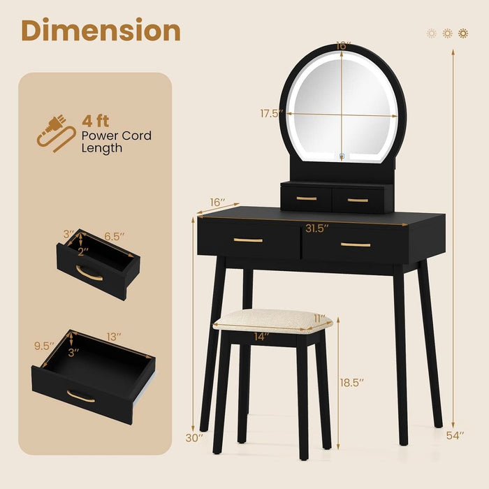 Vanity Desk with Mirror and Lights, Modern Makeup Vanity Table with 4 Drawers, 3-Color Dimmable LED Mirror, Girls Dressing Table and Stool Set for Small Bedroom (Black)