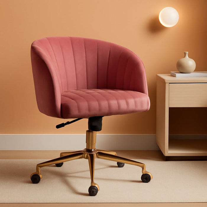 Home Office Chair Swivel Velvet Desk Chair, Vanity Chair with 360 Swivel Armchair and Gold Base,For Living Room, Bedroom, Vanity, Study (Pink)