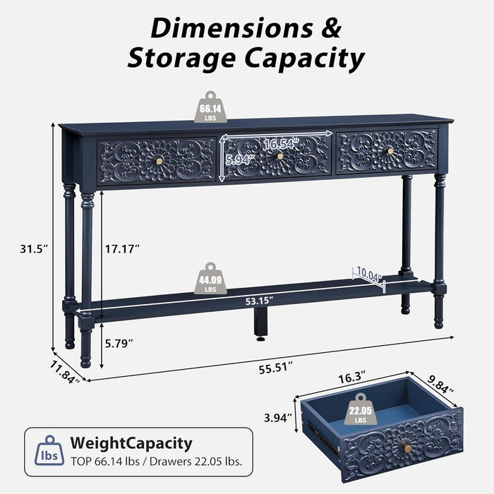 55.5" Carved Console Table with 3 Drawers, 2-Tier Sofa Table with Glossy Floral Surface and Solid Wood Legs, Mid-Century Modern Entryway Table for Living Room Hallway (Midnight Blue)