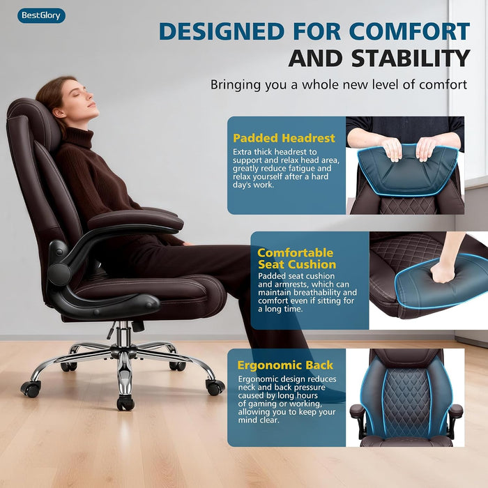 Office Chair, Ergonomic High Back Home Office Desk Chair, Big and Tall Breathable Leather Office Chair with Lumbar Support Flip-Up Armrests, Computer Gaming Chair with Rocking Function