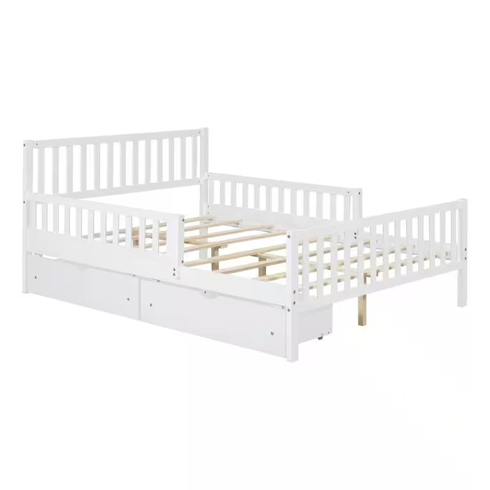 White Wood Frame Full Size Platform Bed with Guardrails on Both Sides and 2-Storage Drawers