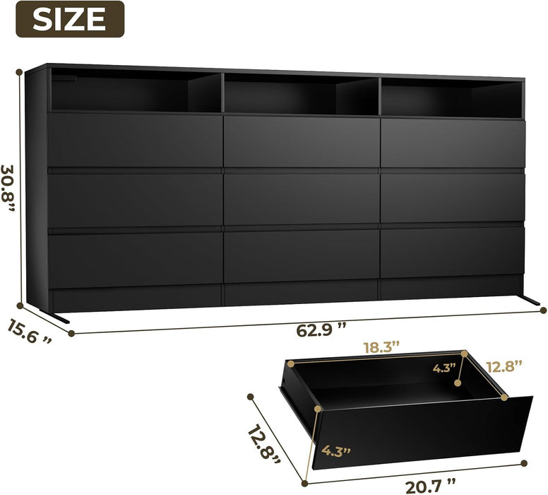 Drawer Dresser for Bedroom with Power Outlet, Black Dressers with LED Light,Dresser Chest of Drawers for Closet,Wood Dressers Organizer Cabinet (Black 9 Drawers)