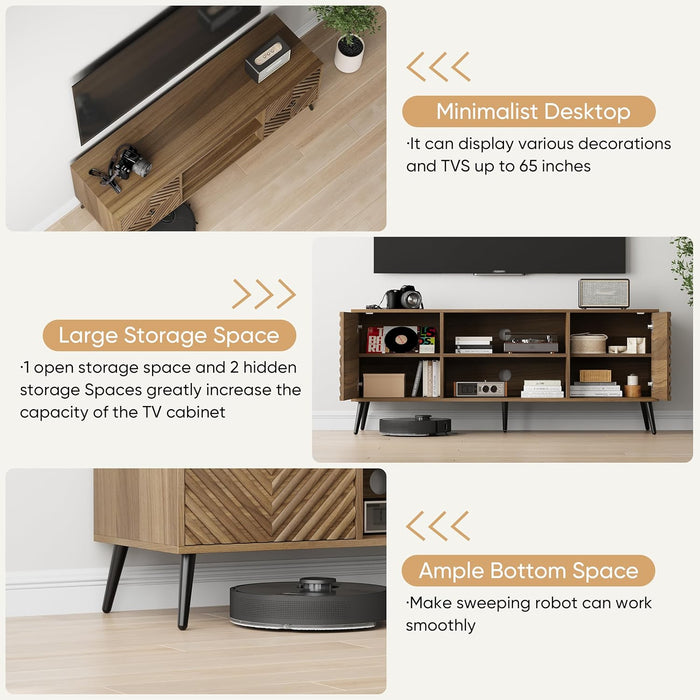 Walnut TV Stand with Fluted Diamond Doors, 55.12" Mid Century Modern TV Media Console for Tvs up to 65", TV Cabinet with Adjustable Shelf & 2 Cabinets for Living Room