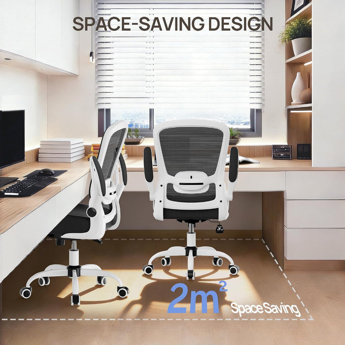 Ergonomic Office Chair - Desk Chair with Flip-Up Armrests & 135° Recline, Adjustable Lumbar Support - Space-Saving Task Chair for Business/Team Office & Home (White Frame-Black, 300Lbs)