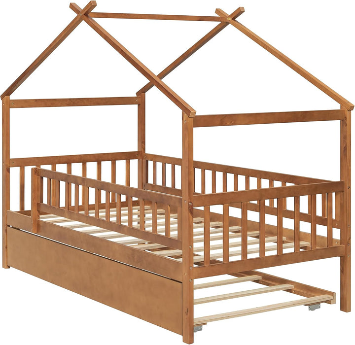 Walnut Solid Wood House Bed Trundle UnitBundleWithDrawers